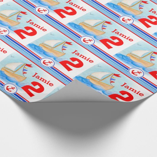 少年の名絵を描前のセールボート2回目の誕生日ラップ ラッピングペーパー (角)