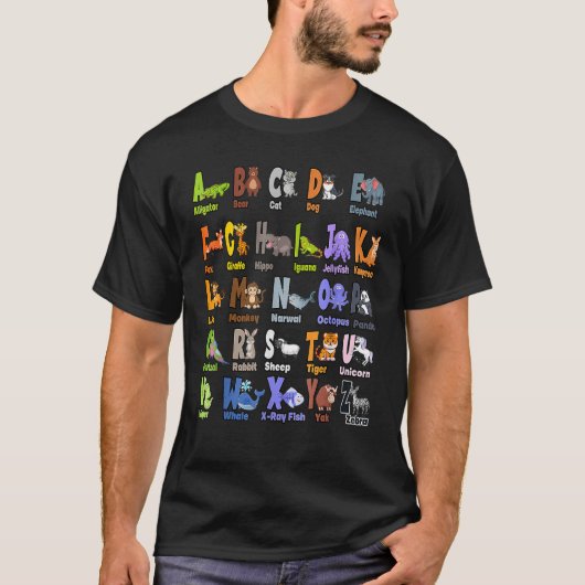 少年の女の子学のためのアルファベット動物のABC Tシャツ (正面)
