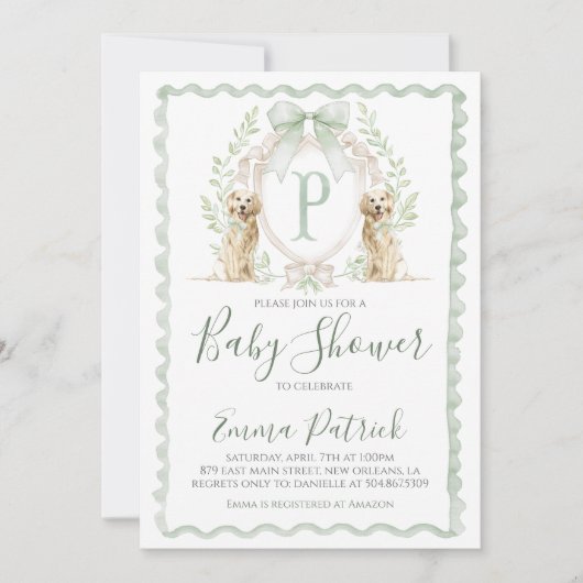 少年の子犬の赤ちゃんシャワー名門私立校風のセージ緑 招待状 (正面)