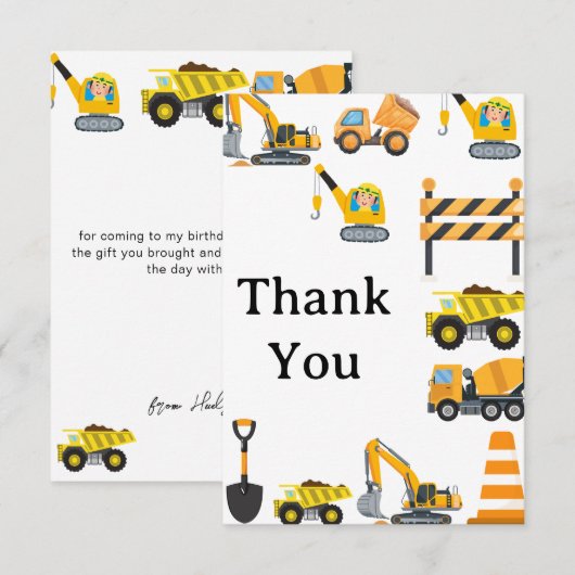 少年の建設バースデーパーティーのテーマ サンキューカード (正面/裏面)