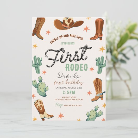 少年の最初のロデオ誕生日カウボーイかわいい子供たち 招待状 (スタンド正面)