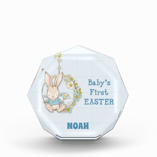 少年の最初の復活祭バニーの花のスイング フォトブロック (正面)