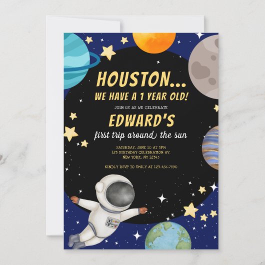 少年の最初の旅のまわりに太陽の最初の誕生日宇宙 招待状 (正面)