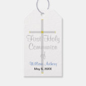 少年の最初の聖餐式シルバークロスブルー ギフトタグ (正面)