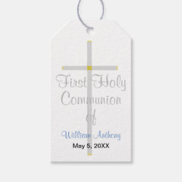少年の最初の聖餐式シルバークロスブルー ギフトタグ