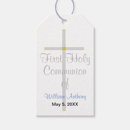 少年の最初の聖餐式シルバークロスブルー ギフトタグ (正面)