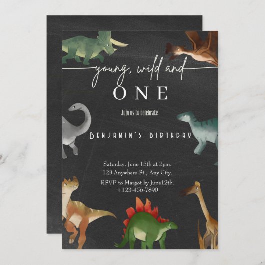 少年の最初の誕生日の招待かわいい恐竜パーティー 招待状 (正面/裏面)