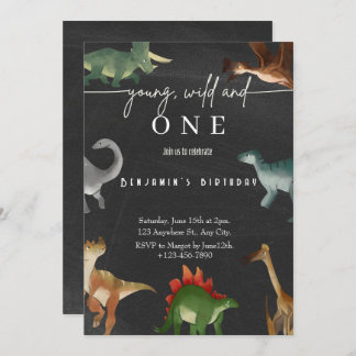 少年の最初の誕生日の招待かわいい恐竜パーティー 招待状