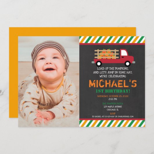 少年の最初の誕生日カボチャのパッチのハロウィン 招待状 (正面/裏面)