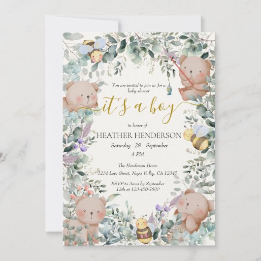 少年の森の動物が水彩赤ちゃんシャワーを負担 招待状 (正面)