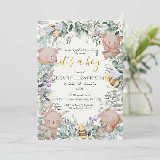 少年の森の動物が水彩赤ちゃんシャワーを負担 招待状 (スタンド正面)