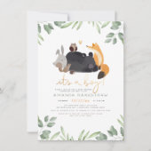 少年の森の動物と緑の赤ちゃんシャワー 招待状 (正面)