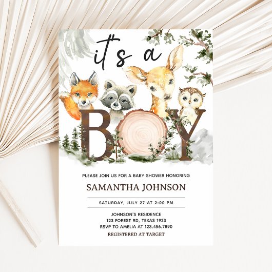 少年の森の動物の赤ちゃんシャワー 招待状