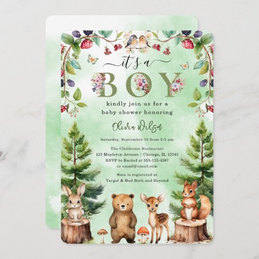 少年の森の動物の赤ちゃんシャワー 招待状 (正面/裏面)