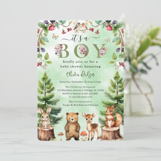 少年の森の動物の赤ちゃんシャワー 招待状 (スタンド正面)