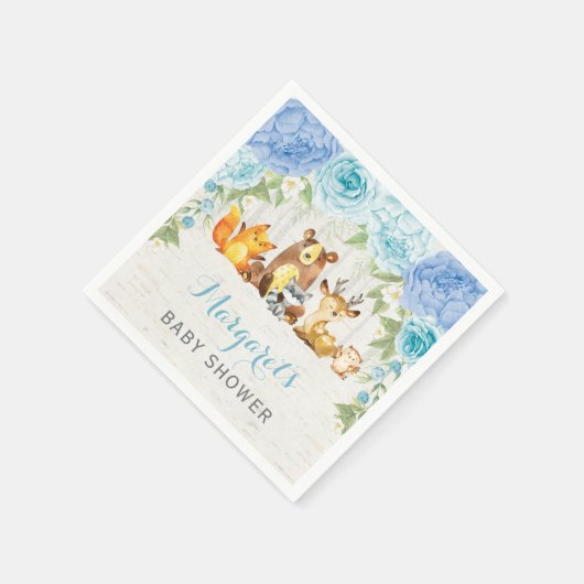 少年の森の動物ほこりっぽい青いフローラ赤ちゃんシャワー スタンダードカクテルナプキン (角)
