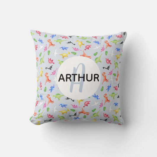少年の水彩恐竜モノグラムと子どもの名前 クッション (正面)