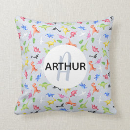 少年の水彩恐竜モノグラムと子どもの名前 クッション