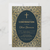 少年の確認金ゴールド離れクロスエレガントブルー 招待状 (正面)