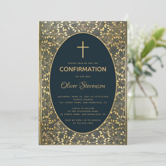 少年の確認金ゴールド離れクロスエレガントブルー 招待状 (スタンド正面)