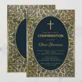 少年の確認金ゴールド離れクロスエレガントブルー 招待状 (正面/裏面)