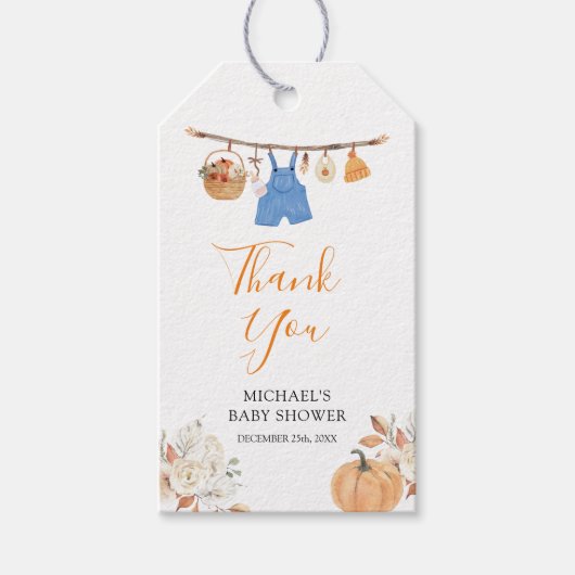 少年の秋の服カボチャ秋ベビーシャワー ギフトタグ (正面)
