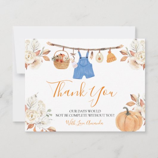 少年の秋の服カボチャ秋ベビーシャワー サンキューカード (正面)