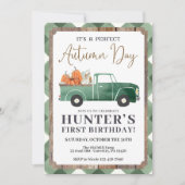 少年の秋誕生日招待状、秋ファースト誕生日 案内状 (正面)