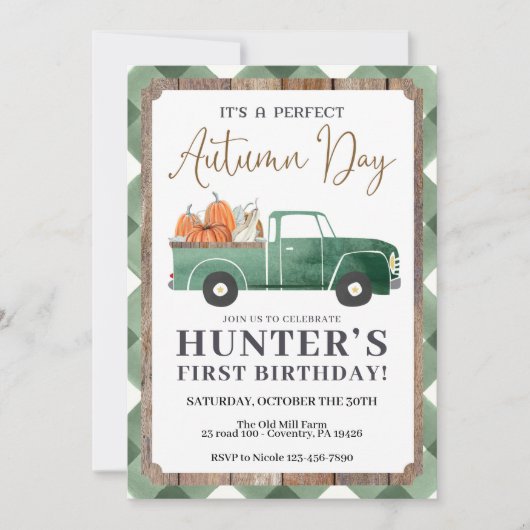 少年の秋誕生日招待状、秋ファースト誕生日 案内状 (正面)