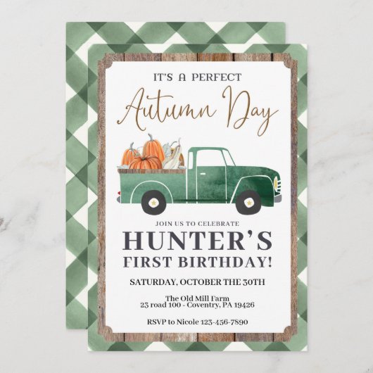 少年の秋誕生日招待状、秋ファースト誕生日 案内状 (正面/裏面)