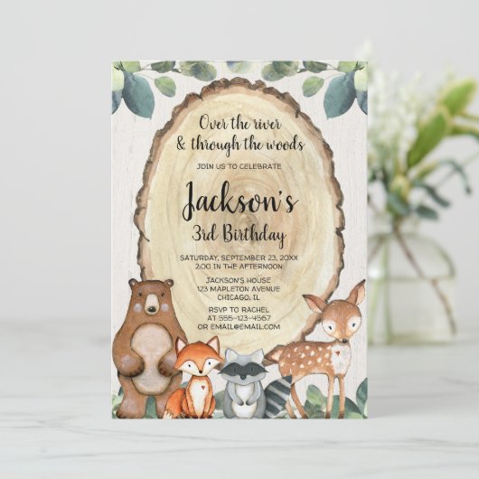 少年の素朴な森林動物の年齢の誕生日パーティー 招待状 (スタンド正面)