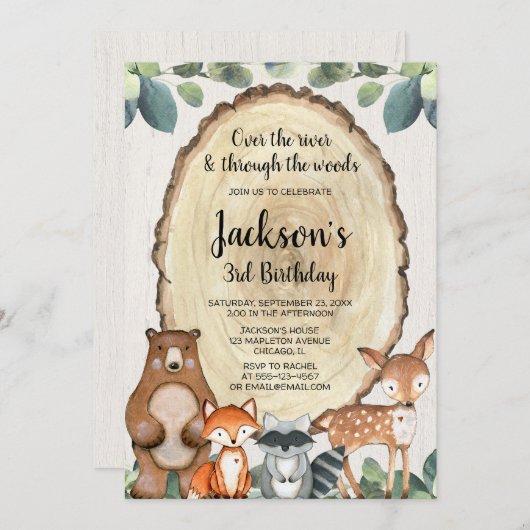 少年の素朴な森林動物の年齢の誕生日パーティー 招待状 (正面/裏面)