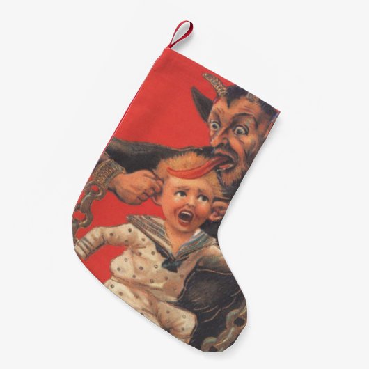 少年の耳を引っ張る赤いクランプス スモールクリスマスストッキング (正面 (吊り時))