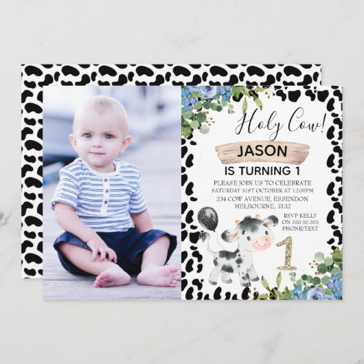 少年の聖牛と牛のプリント写真1歳の誕生日 招待状 (正面/裏面)