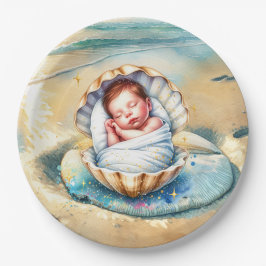 少年の茶色と青の海岸沿いの赤ちゃんシャワー ペーパープレート