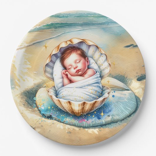 少年の茶色と青の海岸沿いの赤ちゃんシャワー ペーパープレート (正面)