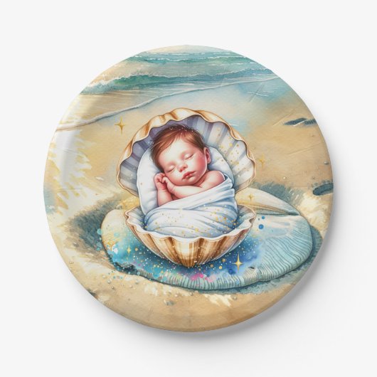 少年の茶色と青の海岸沿いの赤ちゃんシャワー ペーパープレート (正面)