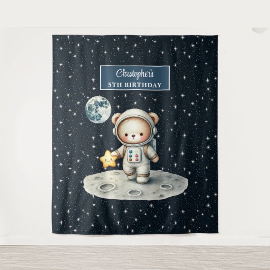 少年の誕生日かわいいテディベア宇宙飛行士ウォールデコ タペストリー (正面)