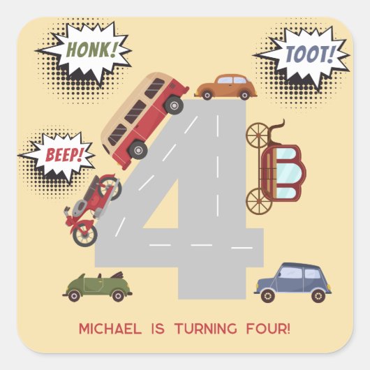 少年の誕生日のホントビープのレトロな車 スクエアシール (正面)