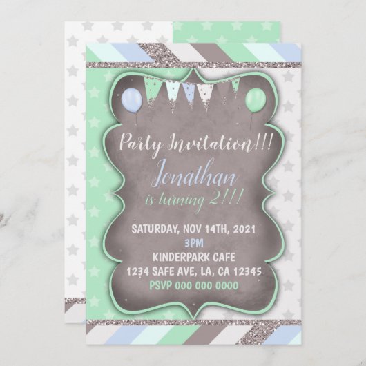 少年の誕生日はっきりしたパーティーテンプレート 招待状 (正面/裏面)