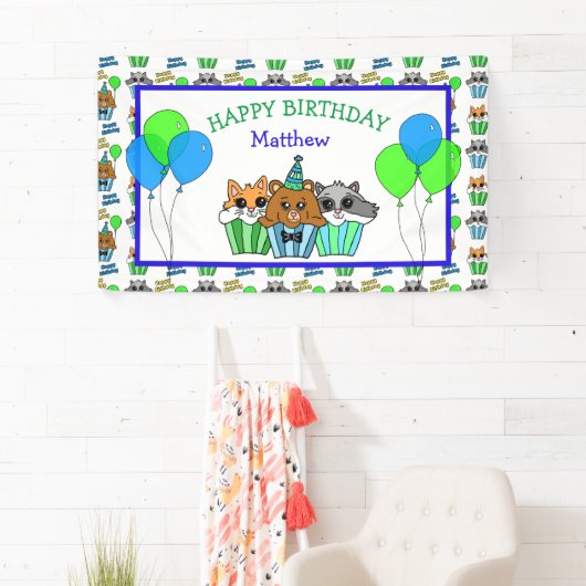 少年の誕生日キツネ、ラクーンとクマのカップケーキ 横断幕 (インサイチュ)