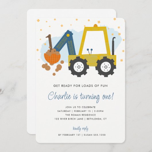 少年の誕生日パーティディガー建築トラック 招待状 (正面/裏面)