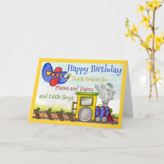 少年の誕生日 飛行機と列車 車両の誕生日 カード (黄色い花)