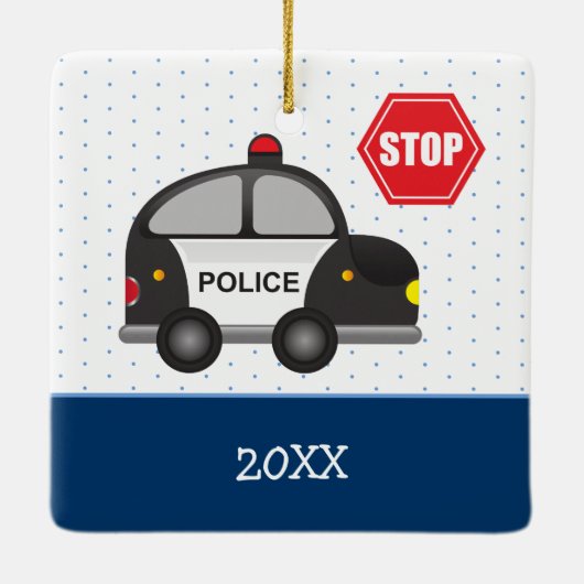 少年の警察官と車のクリスマス セラミックオーナメント (裏面)