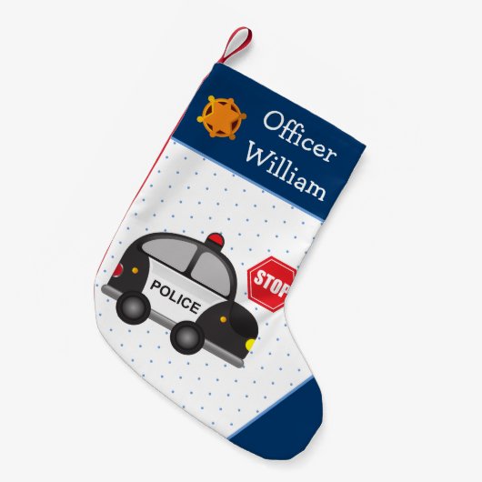 少年の警察官と車の子供 スモールクリスマスストッキング (正面 (吊り時))