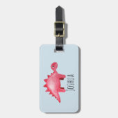 少年の赤い水彩恐竜と子どもの名前 ラゲッジタグ (正面縦)