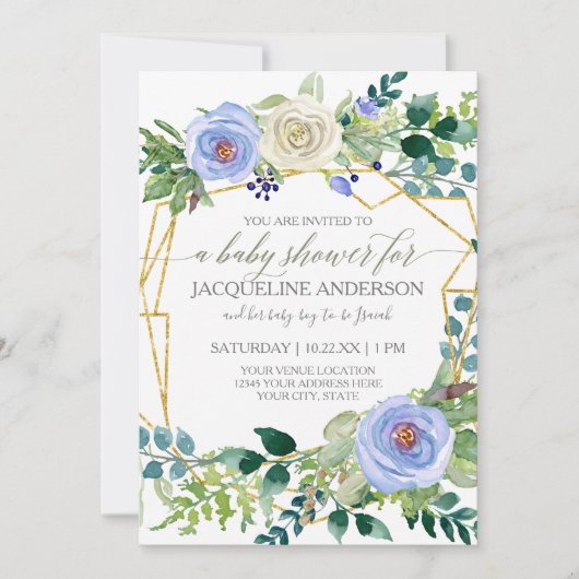 少年の赤ちゃんシャワーブルーn白バラ幾何学模様フレーム 招待状 (正面)