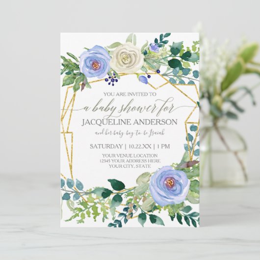 少年の赤ちゃんシャワーブルーn白バラ幾何学模様フレーム 招待状 (スタンド正面)