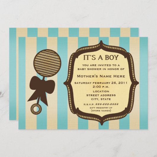 「少年の赤ちゃんシャワーヴィンテージが青ストライプい」 招待状 (正面/裏面)