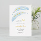 少年の赤ちゃんシャワー水色ブルーフェザー 箔招待状 (立ち正面)